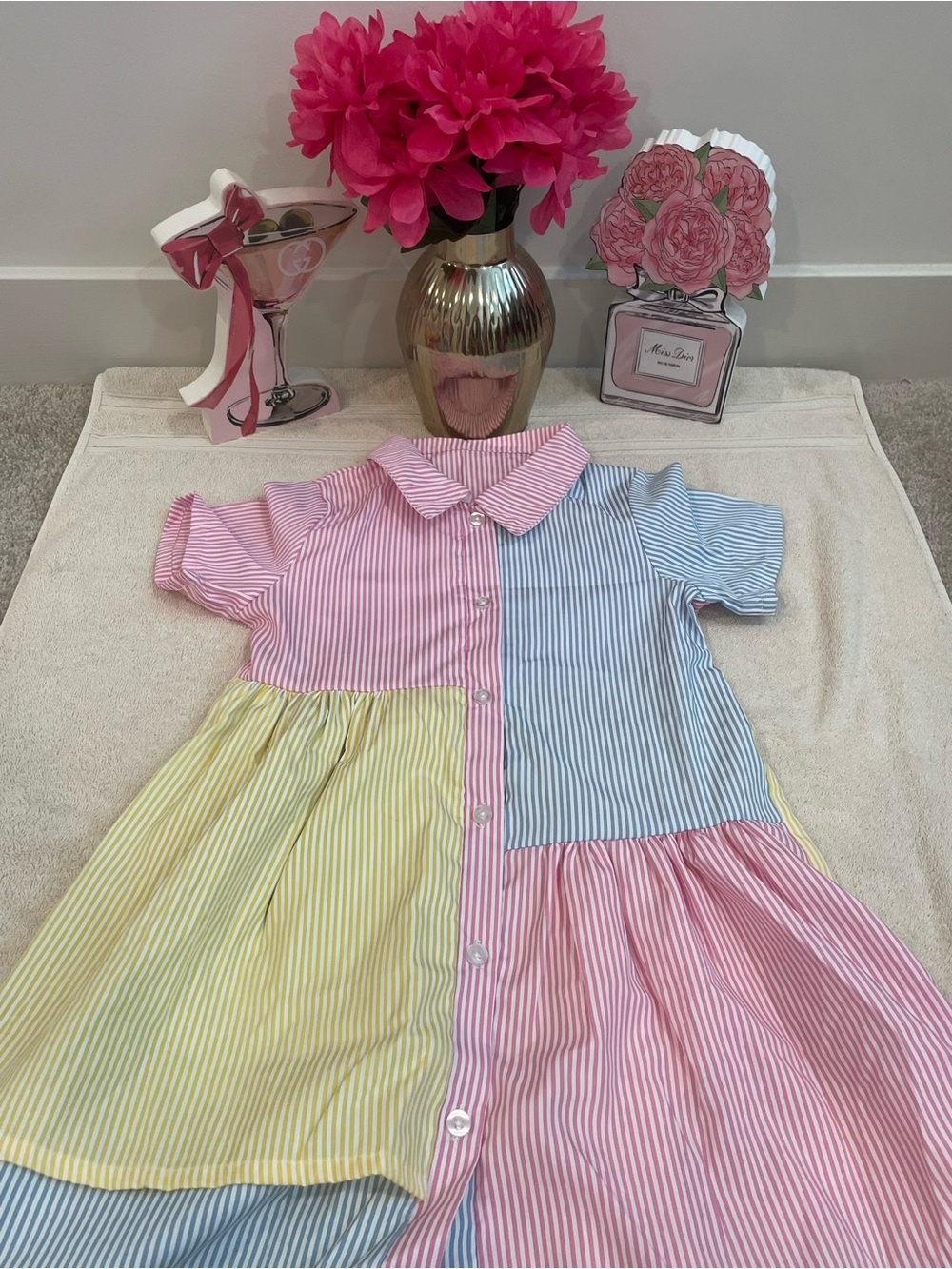 SHEIN Pink, Blue & Yellow Colorblock Striped Shirt Dress